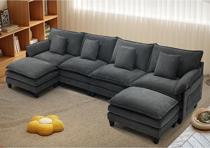Modular Sectional Sofa, Comfy Cloud Couch with Movable Ottoman, Deep Seat Couches for Living Room, Bedroom and Apartment, 140" U Shaped Modern Sofa with Pillows, Grey