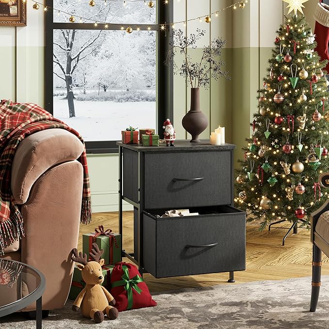 WLIVE Black Night Stand, Small Dresser with 2 Drawers & Wooden Top, Nightstand with Fabric Bins, Bedside Table End Table for Bedroom, Closet, Entryway, College Dorm, Charcoal Black