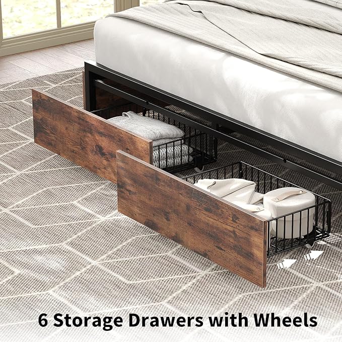 Queen Bed Frame with LED Headboard & Charging Ports, Rustic Wood Platform Bed Frame Queen Size with 6 Storage Drawers and Display Shelf, Heavy-Duty Metal Frame, No Box Spring Needed, Brown