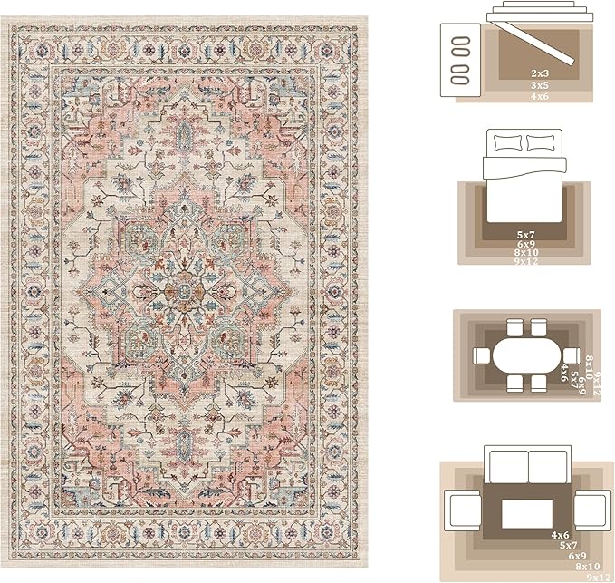 4x6 Area Rug for Bedroom Machine Washable Low Pile Vintage Distressed Rugs Stain Resistant Faux Wool Rug Ultra Soft Non-Slip Area Rugs for Living Room, Playroom, Kitchen,Home Office