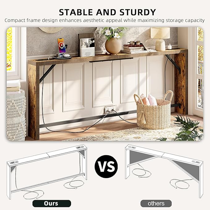 TIQLAB Sofa Table, 79 inch Long Console Table Behind Couch, Narrow Entryway Table with Angled Metal Frame, Industrial Console Table for Entryway, Rustic Brown