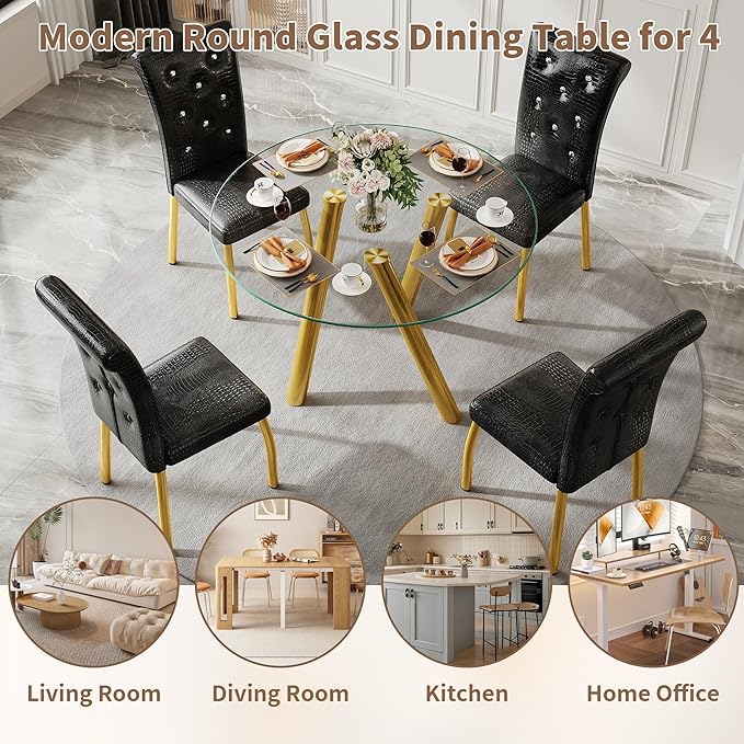 35" Round Dining Table for 4, Modern Round Glass Dining Table with Gold Metal Legs, Round Kitchen Table for Dining Room Home Office Small Spaces