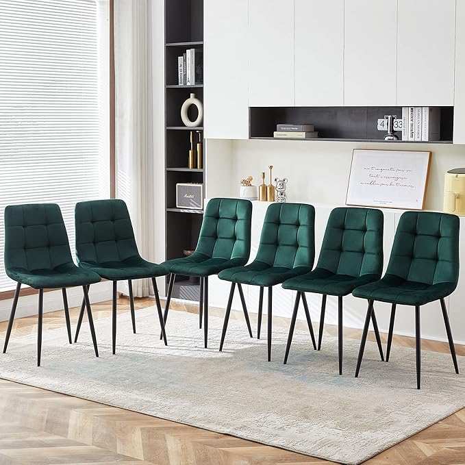 NORDICANA Forest Green Velvet Dinner Chairs Set of 6, Modern Armless Biscuit Tufted Dining Side Chairs with Metal Legs for Kitchen Living Room Vanity
