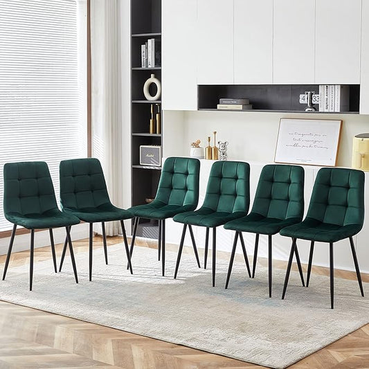 NORDICANA Forest Green Velvet Dinner Chairs Set of 6, Modern Armless Biscuit Tufted Dining Side Chairs with Metal Legs for Kitchen Living Room Vanity