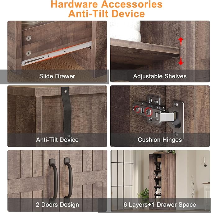 70" Tall Storage Cabinets, Large Wood Storage Pantry Cabinet with 6 Adjustable Shelves, 2 Striped Doors & Drawer, Standing Utility Cabinet for Kitchen, Bathroom, Dining Room, Antique (Brown)