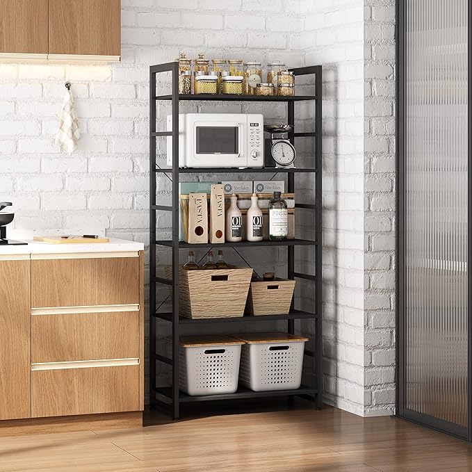 24" Bookshelf, 5-Tier Ladder Shelf, Industrial Bookcase, Wooden and Metal Storage Rack, Shelving Unit for Living Room Entryway Office, Black Book Shelves