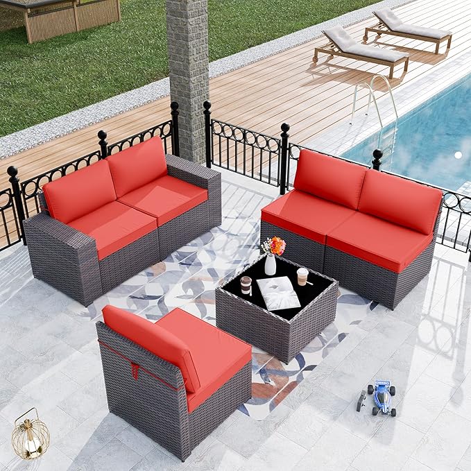 Kurapika 6 Pieces Patio Furniture Set, Rattan Wicker Outdoor Conversation Sets w/4 Inch Cushion and Glass Coffee Table(Red)