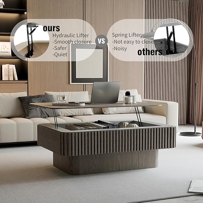 38.6" Lift Top Coffee Table with Storage, Fluted Coffee Table with Solid Wood Veneered, Mid Century Modern Wooden Center Table, Accent Tea Table for Living Room Apartment, Grey