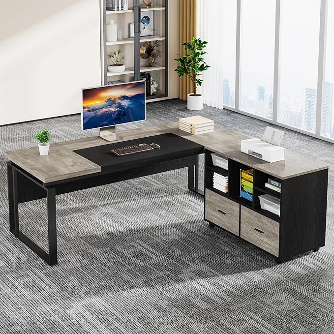 Tribesigns L-Shaped Executive Desk with Reversible File Cabinet, 63" Office Desk with Storage Drawers, L-Shaped Computer Desk with Drawer Cabinet for Hanging Letter Size Files (Gray & Black)