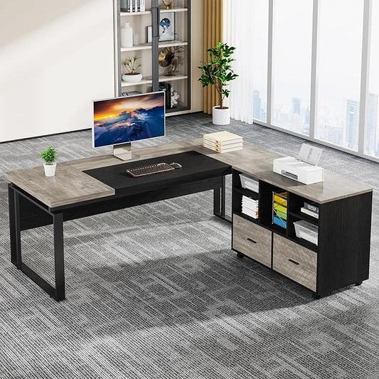Tribesigns L-Shaped Executive Desk with Reversible File Cabinet, 63" Office Desk with Storage Drawers, L-Shaped Computer Desk with Drawer Cabinet for Hanging Letter Size Files (Gray & Black)