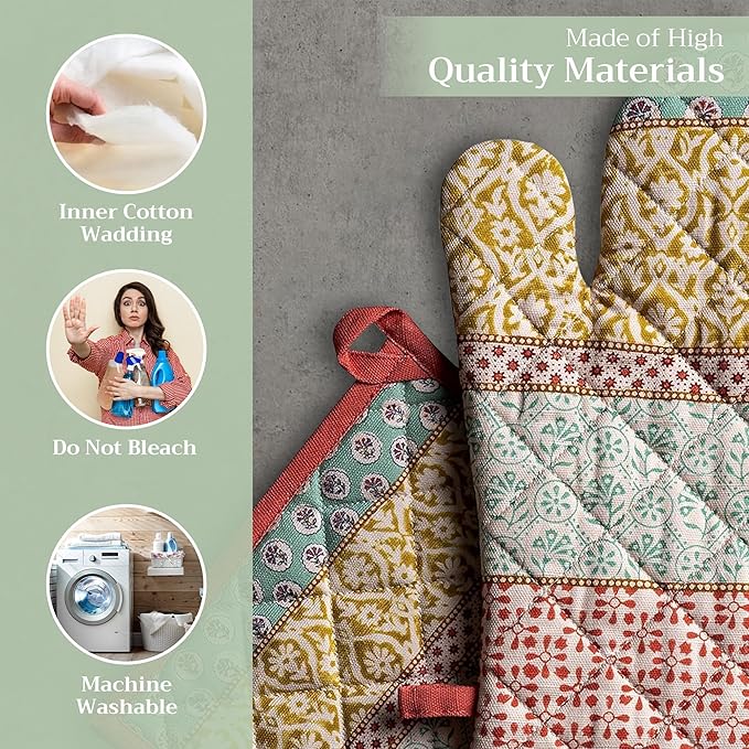 Maison d' Hermine 100% Cotton Oven Mitt & Pot Holder Set (7.5"x13" & 8"x8") Heat Resistant BBQ Cooking Gloves with Loop, Baking, Grilling, Kitchen, Handling Hot Pans Spring/Summer (Provence)