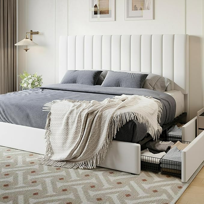 SHA CERLIN King Size Platform Bed Frame with 4 Storage Drawers, Vertical Channel Tufted Adjustable Headboard, Velvet Upholstered, Wooden Slats Support, No Box Spring Needed, Easy Assembly, White