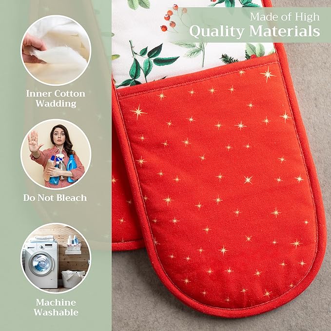 Maison d' Hermine Double Oven Mitt (7" x 35") 100% Cotton Heat Resistant BBQ Cooking Gloves with Loop for Thanksgiving Christmas Decorations Baking Cooking Barbeque Handling Hot Pan (Noel)