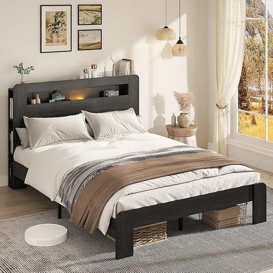 Wooden Bed Frame Queen Size with Storage Headboard - Farmhouse Platform Bed Frame with Bookcase Shelf & Led Lights, Sturdy Wood Slat Framework Bed Frame (Black LED)