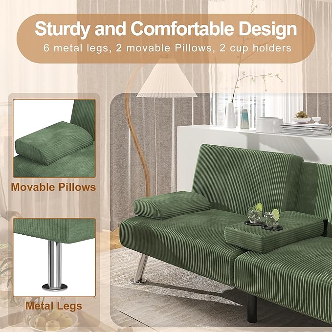 Shahoo Modern Upholstered Convertible Folding Futon Sofa Bed with Removable Armrests, Metal Legs, 2 Cup Holders for Living Room, Green