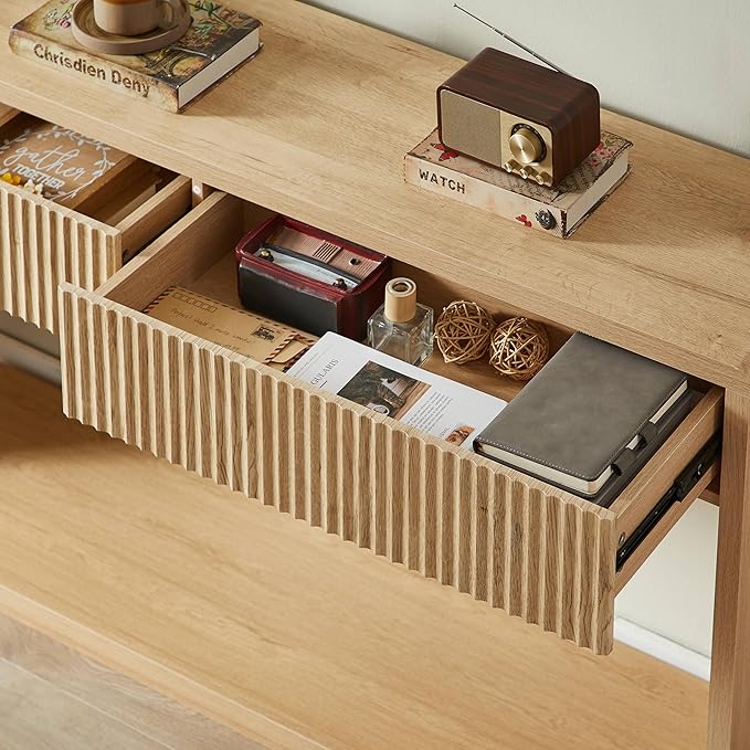 59" Rustic Flute Console Table with 2 Drawers, Modern Farmhouse Entrance Table, Sofa Table for Behind Sofa, Hallway Table with Storage Compartment, Suitable for Hallway and Living Room,Qak