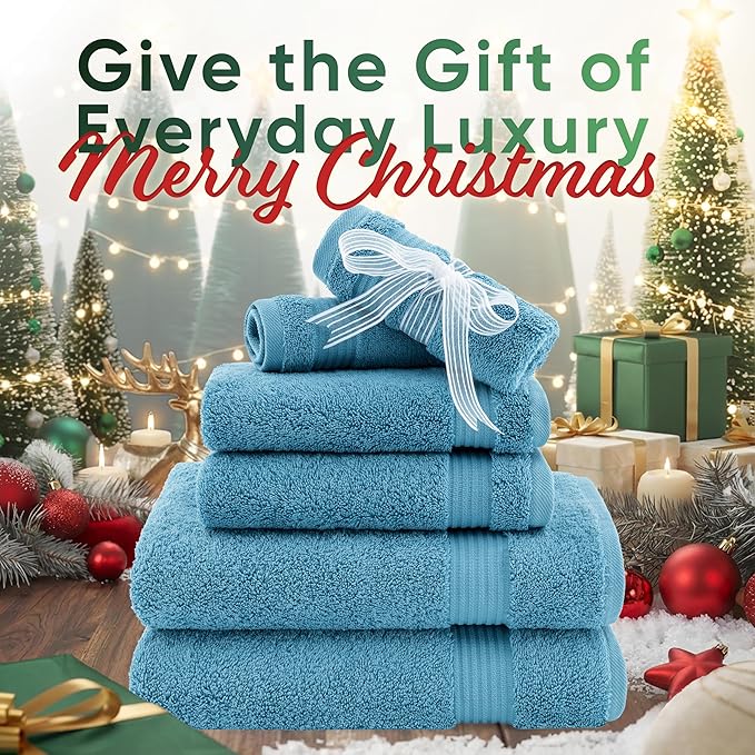 American Veteran Towel, 6 Piece Towel Set for Bathroom, 100% Cotton Turkish Bathroom Towels, 2 Bath Towels 2 Hand Towels 2 Washcloths, Sky Blue