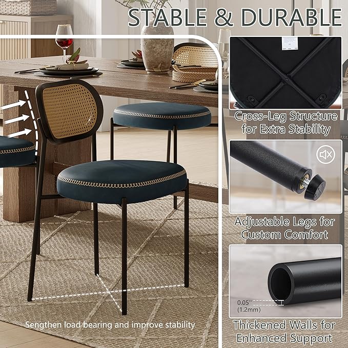 Rattan Dining Chairs Set of 4, Blue Leather Upholstered Dining Chairs with Rattan Cane Back, Mid Century Modern Dining Room Chairs with Black Metal Legs & D-Shaped Thicken Cushion, Blue