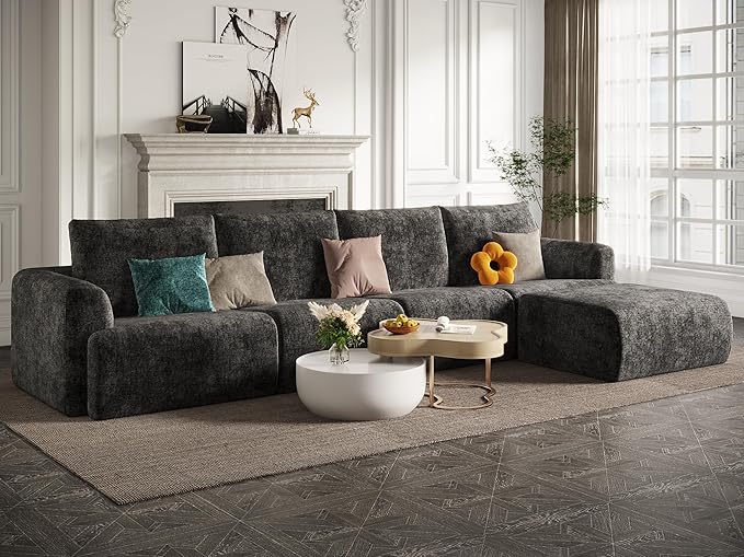 EASE MOOSE Cloud Couch Sectional Sofa, Large L-Shaped Oversized Modular Couch for Living Room, Minimalist Boneless Convertible Couches with Ottoman, 5-Seat Deep Sofa for Bedroom, Chenille (Dark Grey)