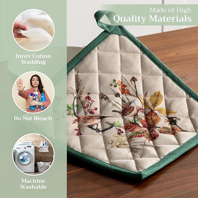 Maison d' Hermine Pot Holders 100% Cotton Heat Resistant Potholders 8" x 8" Hot Pads with Loop for Thanksgiving Christmas Decorations BBQ Cooking Baking Handling Hot Pans (Pack of 1, Recolte)