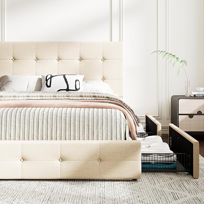 MUTICOR King Size Bed Frame with 4 Storage Drawers, Upholstered Platform Bed with Button Tufted Adjustable Headboard, No Box Spring Needed, Easy Assembly, Square Tufted, Beige Fabric