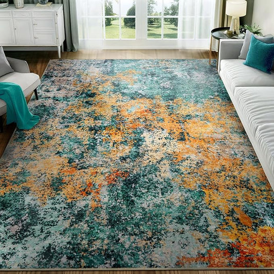 Washable Area Rug for Living Room: 6x9 Modern Abstract Neutral Soft Rug for Bedroom Dining Room No Slip Low Pile Carpet for Nursery Home Office - Teal/Orange