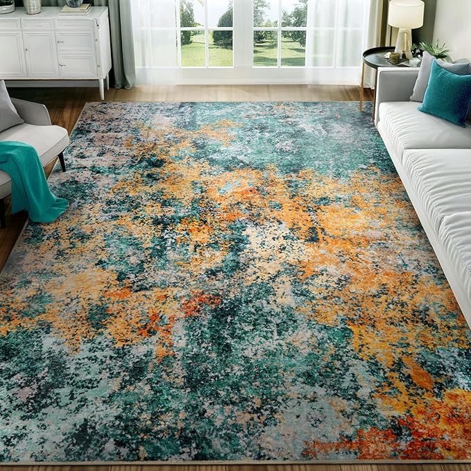 Washable Area Rug for Living Room: 5x7 Modern Abstract Neutral Soft Rug for Bedroom Dining Room No Slip Low Pile Carpet for Nursery Home Office - Teal/Orange