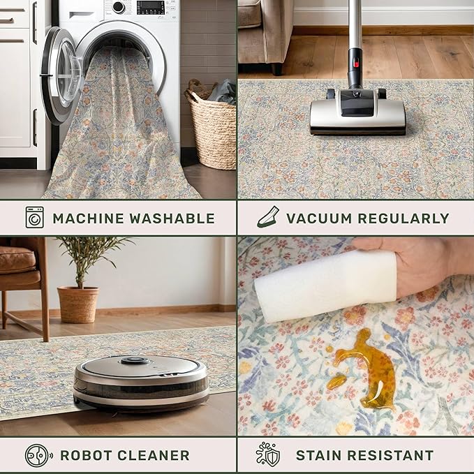 Washable Dining Room Rugs, 7x9 Area Rug for Living Room, Bedroom, Kids Playroom, Low Pile Non-Slip Lightweight & Stain Resistance - Light Beige Blue Oriental Vintage Design