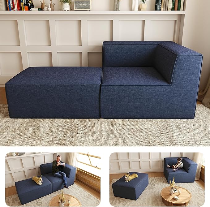 76" Sectional Compressed Sofa Modular Couches,High-Density Foam No Assembly Required, 2-Piece(1x Corner 1x Ottoman) for Living Room, Chenille Blue