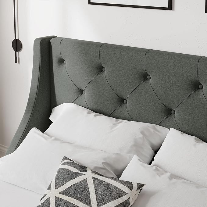 Allewie King Size Bed Frame with 4 Storage Drawers and Wingback Headboard, Button Tufted Design, No Box Spring Needed, Dark Grey
