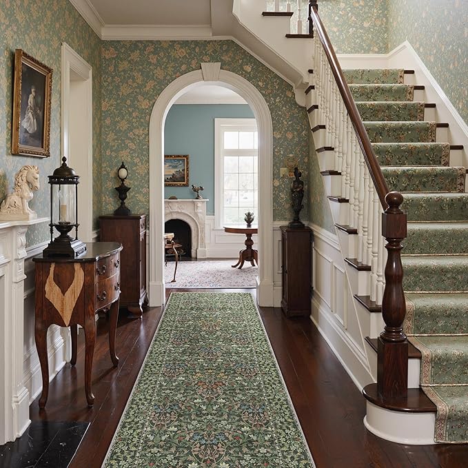 GENIMO Floral Washable Runner Rug 2’6”x7’, Non-Slip Long Hallway Carpet for Entryway, Kitchen, Indoor Floor Use, Vintage Boho Soft Thin Rug Décor, Emerald Green