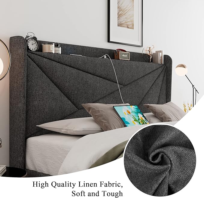 Feonase Full Bed Frame with Charging Station, Linen Upholstered Platform Bedframe with Wingback Headboard, Solid Wood Slats Support, No Box Spring Needed, Noise Free, Dark Grey