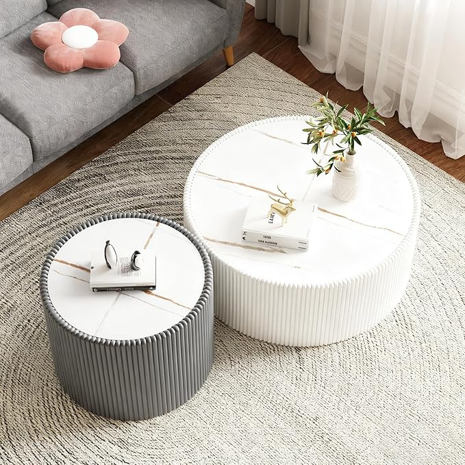 Round Coffee Table Set with Sintered Stone Tabletop, 29.52" White Drum Center Table and 17.71" Grey Coffee Table Set, 2 Pieces Living Room Table Set with Fluted PU Leather Cover& Stable Base