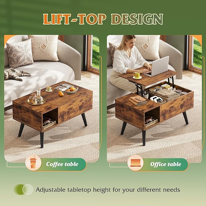 WLIVE Coffee Table for Living Room, Small Coffee Table with Storage, Lift Top Modern Wooden Dining Center Table with Storage Shelf & Hidden Compartment, 31.5" Rustic Brown