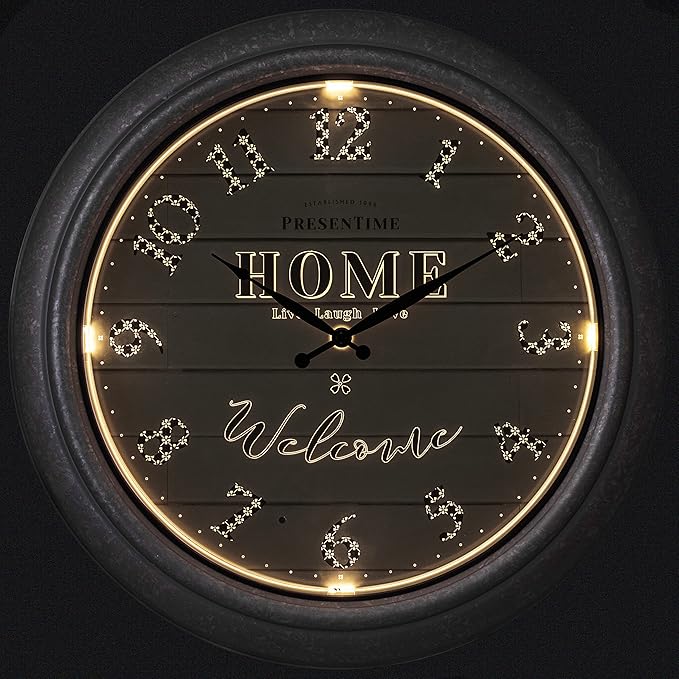 Presentime & Co 18" Vienna Modern Farmhouse Luminous Indoor/Outdoor Clock, Shiplap Style, Galvanized Silver Finish, Night Light with Smart Sensor, Wall Decoration, Outdoor Lights & Decoration.