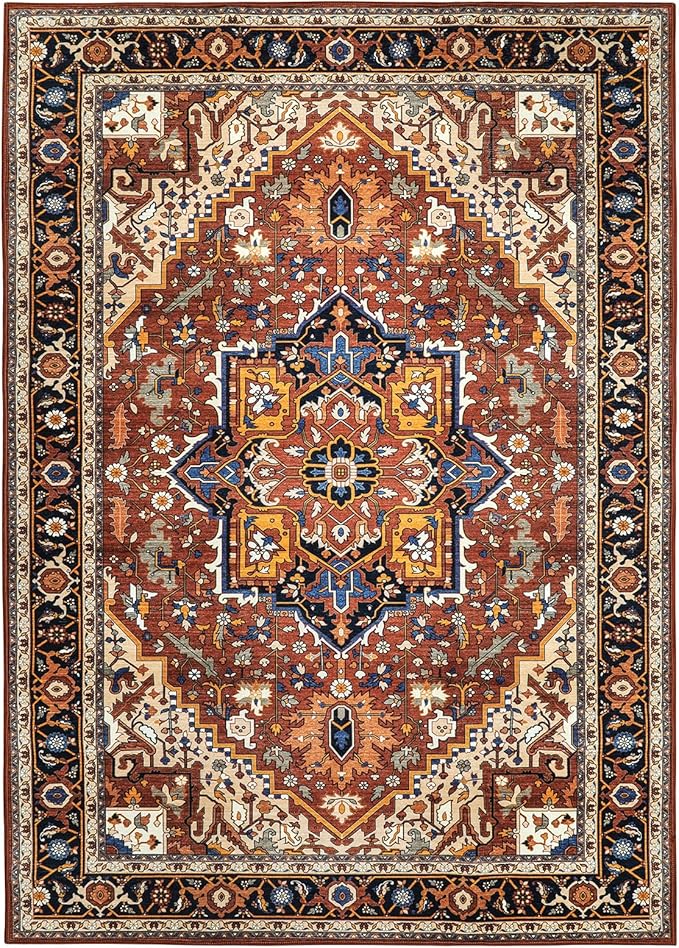 Moynesa Ultra-Thin Washable Oriental Area Rug - 5x7 Large Living Room Rug, Non-Slip Non-Shedding Stain Resistance Low Pile Playroom Mat Indoor Floor Carpet for Bedroom Nursery, Brown/Multi