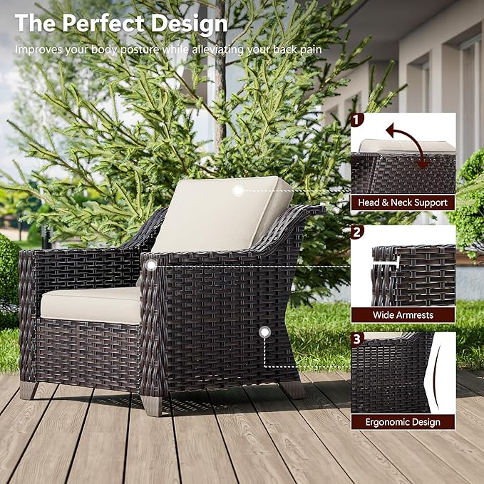 Wicker Patio Chairs Set of 2, Luxury Rattan Patio Furniture with Wide Armrest, Thickened Cushions, Outdoor Chairs for Deck, Porch Use