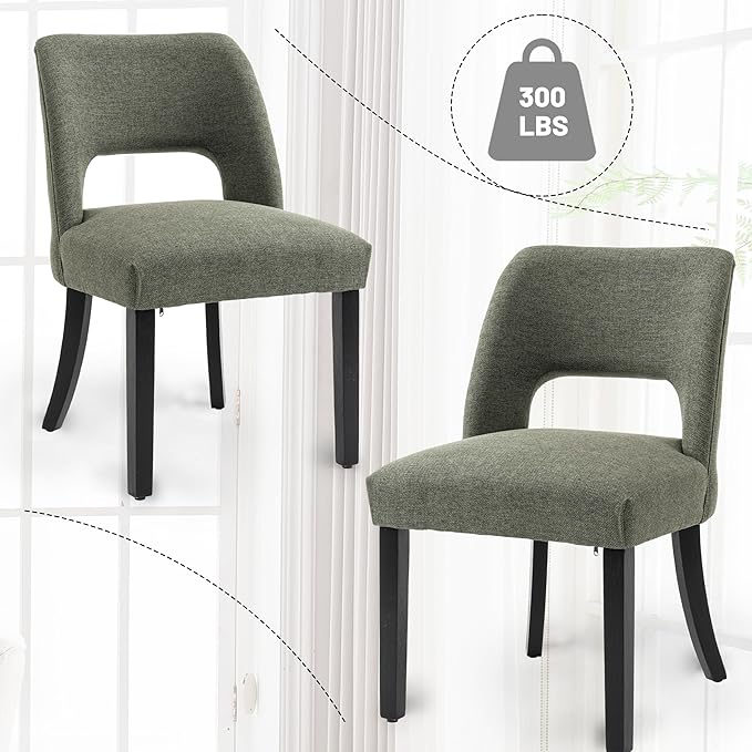VKNOW Wooden Dining Chairs Set of 2, Modern Fabric Upholstered Dining Room Chair Kitchen Chairs, Farmhouse Dinner Chair for Kitchen Dining Room, Green-Black Legs