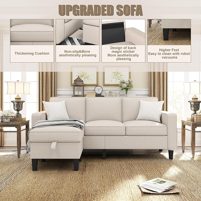 ZeeFu Couch for Living Room - 78'' Beige Linen 3 Seat L-Shaped Sectional Sofa Couches with Storage Ottoman - Modern Small Space Upholstered Furniture Sofa Set for Office Small Space Apartment Bedroom