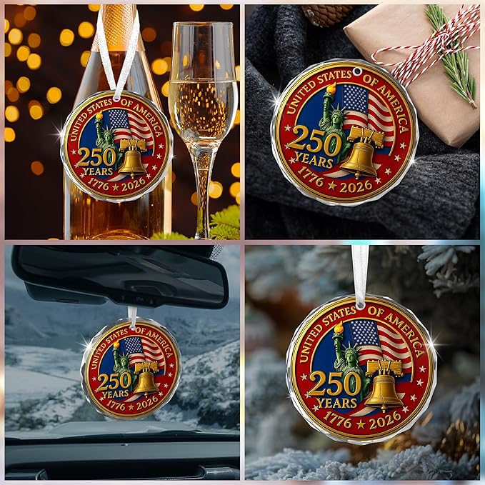 FLAGWIX 250th Anniversary USA Ornament for Patriotic Christmas Decorations - Glass Patriotic Christmas Ornaments - United States 250 Years American Anniversary Bell Ornament, Veterans Day Gifts Bulk