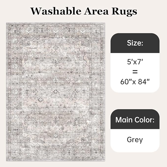 5x7 Area Rugs for Living Room Washable Soft Faux Fur Low Pile Vintage Floral Boho Modern Carpet Rug Non Slip Sound Absorbing Rugs for Bedroom Office Patio Dining Room Kids Room,Natural Grey