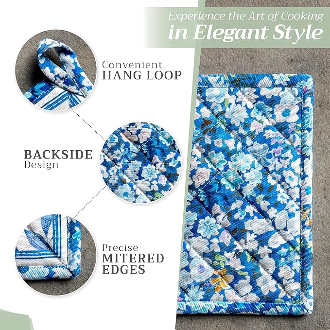 Maison d' Hermine Pot Holders Set 100% Cotton Heat Resistant Potholders 8" x 8" Hot Pads with Loop BBQ, Cooking, Baking, Grilling, Kitchen, Handling Hot Pans Spring/Summer (Pack of 2, Summer Blues)