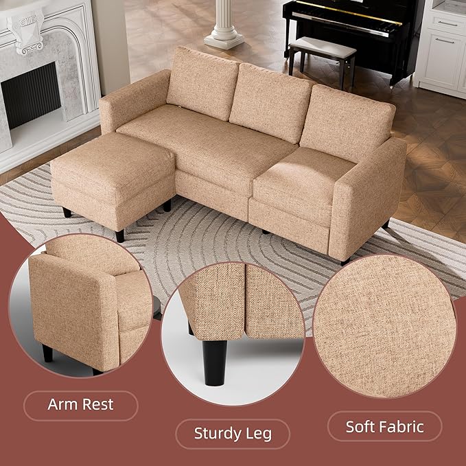 Nuturelly Convertible Sectional Sofa Couch with Movable Ottoman, 3-Seater Modern L-Shaped Sofa for Small Spaces, Soft Fabric Couch for Living Room, Small Apartment & Office(Brown)