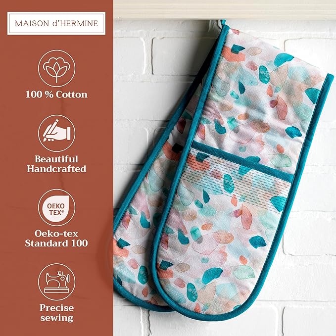 Maison d' Hermine Double Oven Mitts 100% Cotton 7"x35" Double Oven Mitt Heat Resistant BBQ Cooking Gloves with Loop, Baking, Grilling, Home, Kitchen, Handling Hot Pans Spring Summer (Summer Picnic)