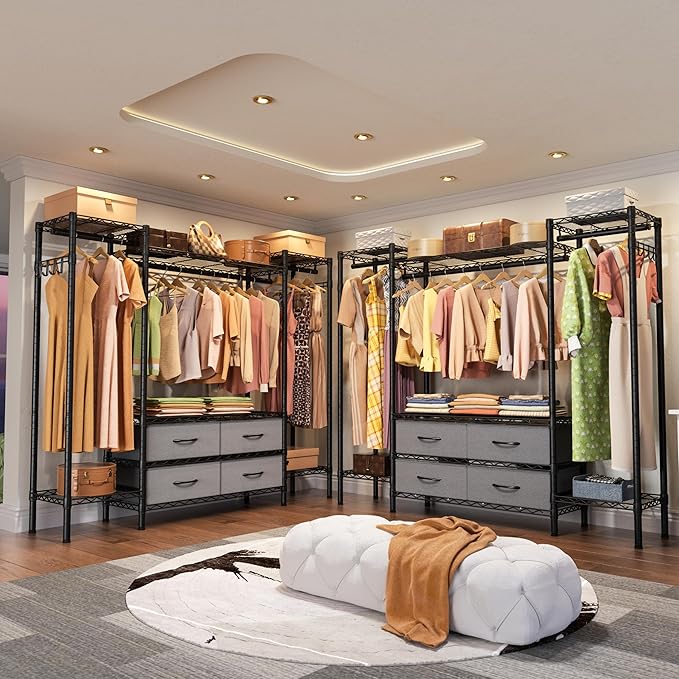 Heavy Duty Garment Rack Clothes Rack,Large Metal Closet Organizer System Storage Wardrobe,Freestanding Clothing Rack with 8 Adjustable Wire Shelves&3 Hang Rods,MaxLoad 900lbs