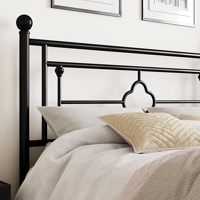 SHA CERLIN 14 Inches Queen Size Metal Platform Bed Frame/Vintage Iron-Art Headboard and Footboard/Mattress Foundation for Storage/No Box Spring Needed/Noise-Free/Easy Assembly/Black