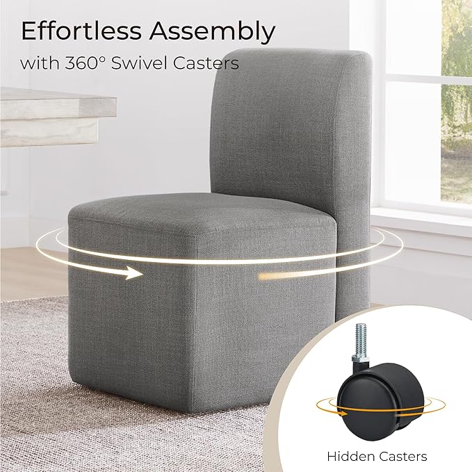 CHITA Dining Chairs with Casters Set of 4, FSC Certified Upholstered Armless Modern Rolling Dining Chairs with Rollers for Bedroom Reading Room Living Room, Grey