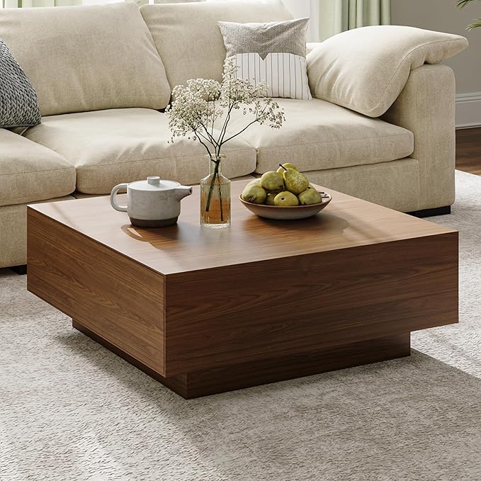 POVISON Modern Square Coffee Table with Storage, 35.43" Wood Coffee Table for Living Room Table Walnut, Fully Assembled
