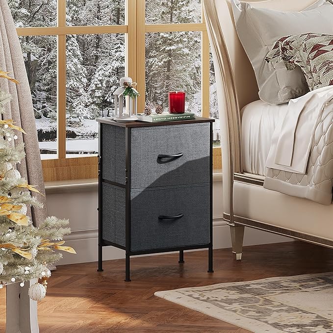 WLIVE Night Stand, Small Dresser with 2 Drawers & Wooden Top, Nightstand with Fabric Bins, Bedside Table End Table for Bedroom, Closet, Entryway, College Dorm, Charcoal Black
