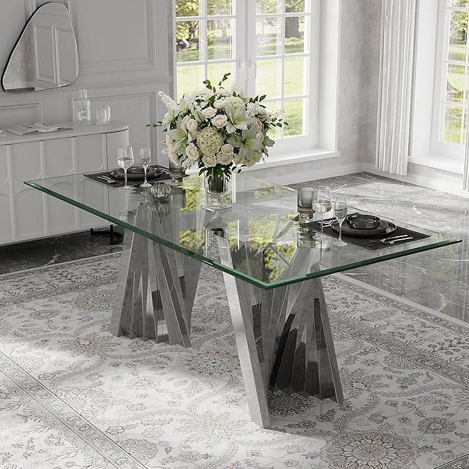 78" Silver Dining Table for 6-8, Modern Kitchen and Dining Table with Tempered Glass Top and Silver Mirrored Stainless Steel Base, Luxury Rectangular Dinner Room Table for Kitchen, Dining Room